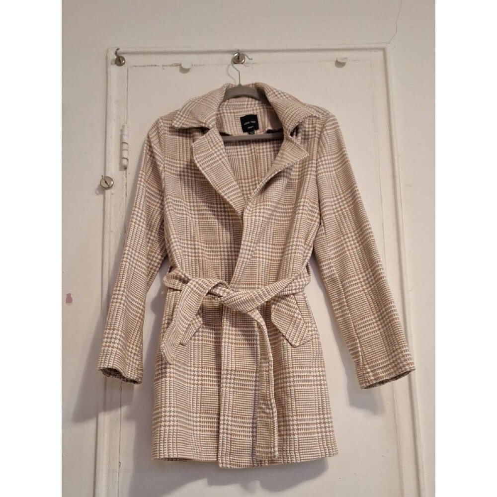 Love Tree Tan & White Plaid Trench Coat with Belt